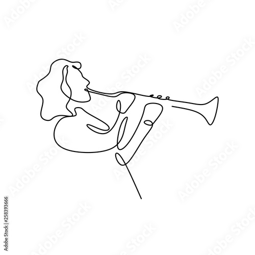 continuous line drawing of jazz musicians playing trumpet music instruments.
