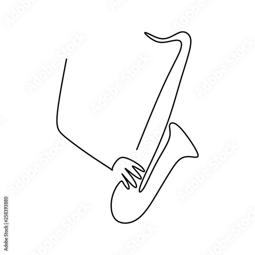 continuous line drawing of jazz musicians playing trumpet music instruments.