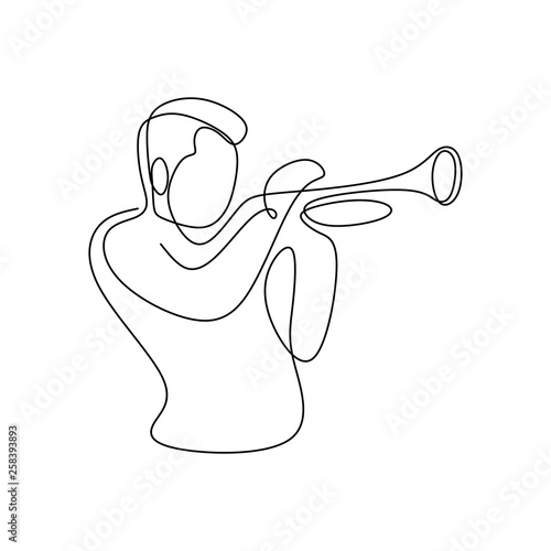 continuous line drawing of jazz musicians playing trumpet music instruments.
