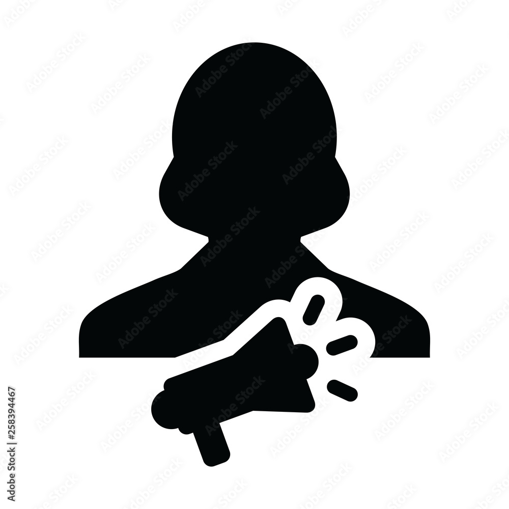 Promotion icon vector female person profile avatar symbol with megaphone for advertising campaign in glyph pictogram illustrati