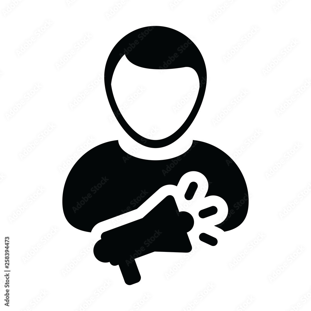 Megaphone icon vector male person profile avatar symbol with megaphone for campaign in glyph pictogram illustration Megaphone icon vector male person profile avatar symbol with megaphone for campaign in glyph pictogram illustration