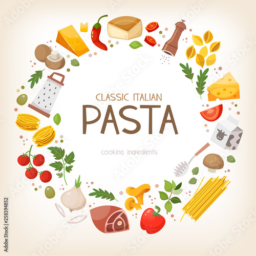 Group of vegetables and pasta ingredients arranged in circle border. Vector illustration