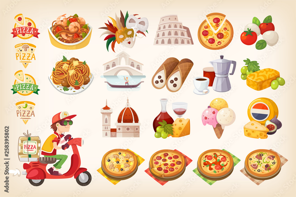 Set of colorful images of Italian elements. Symbols of Italy. Isolated vector icons Set of colorful images of Italian elements. Symbols of Italy. Isolated vector icons