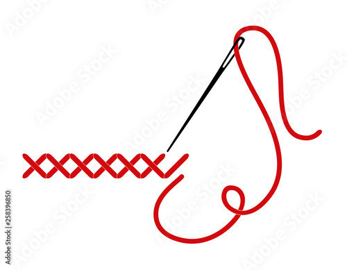 Vector cross stitches with needle and thread isolated on white background
