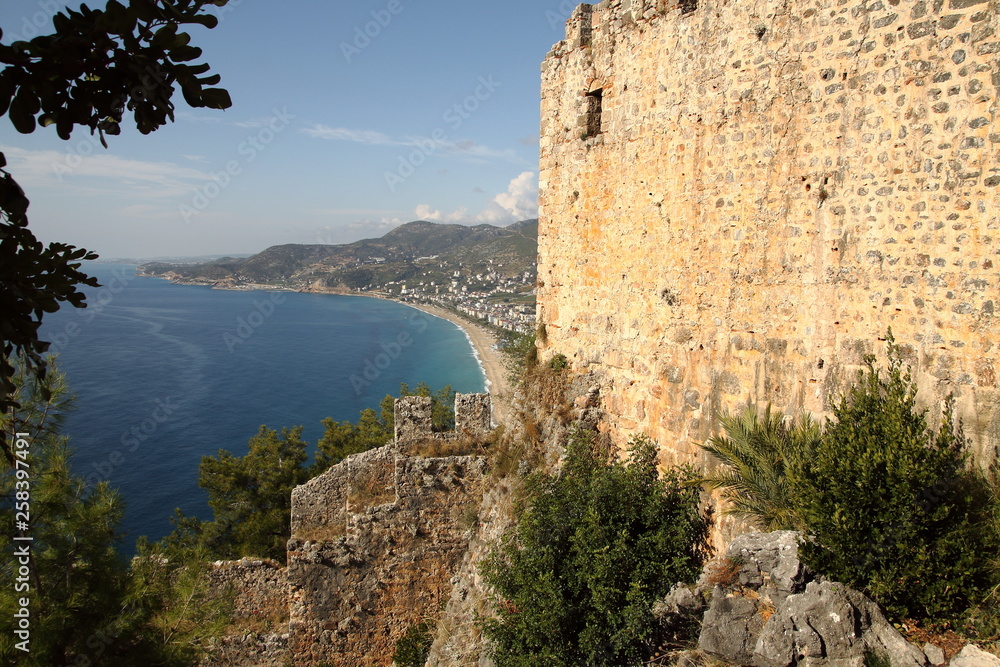 Alanya, view of Cleopatra beach from a height on a sunny summer day