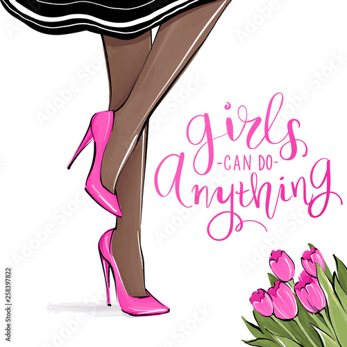 Vector girl in high heels. Fashion illustration. Female legs in shoes.