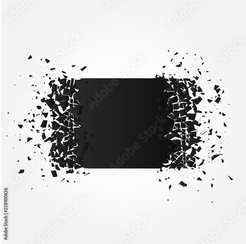 Black square banner with debris isolated on white background. Abstract black explosion. Vector square destruction shapes with debris.
