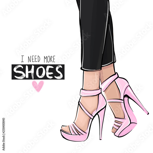 Vector girl in high heels. Fashion illustration. Female legs in shoes