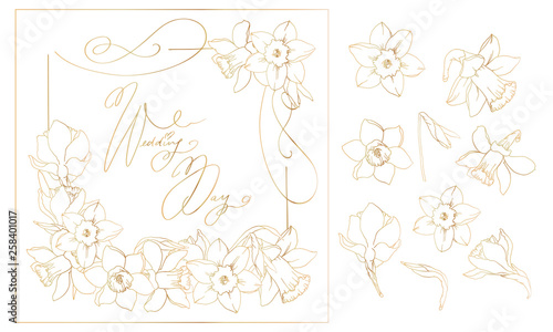 gold wedding frame with narcissus