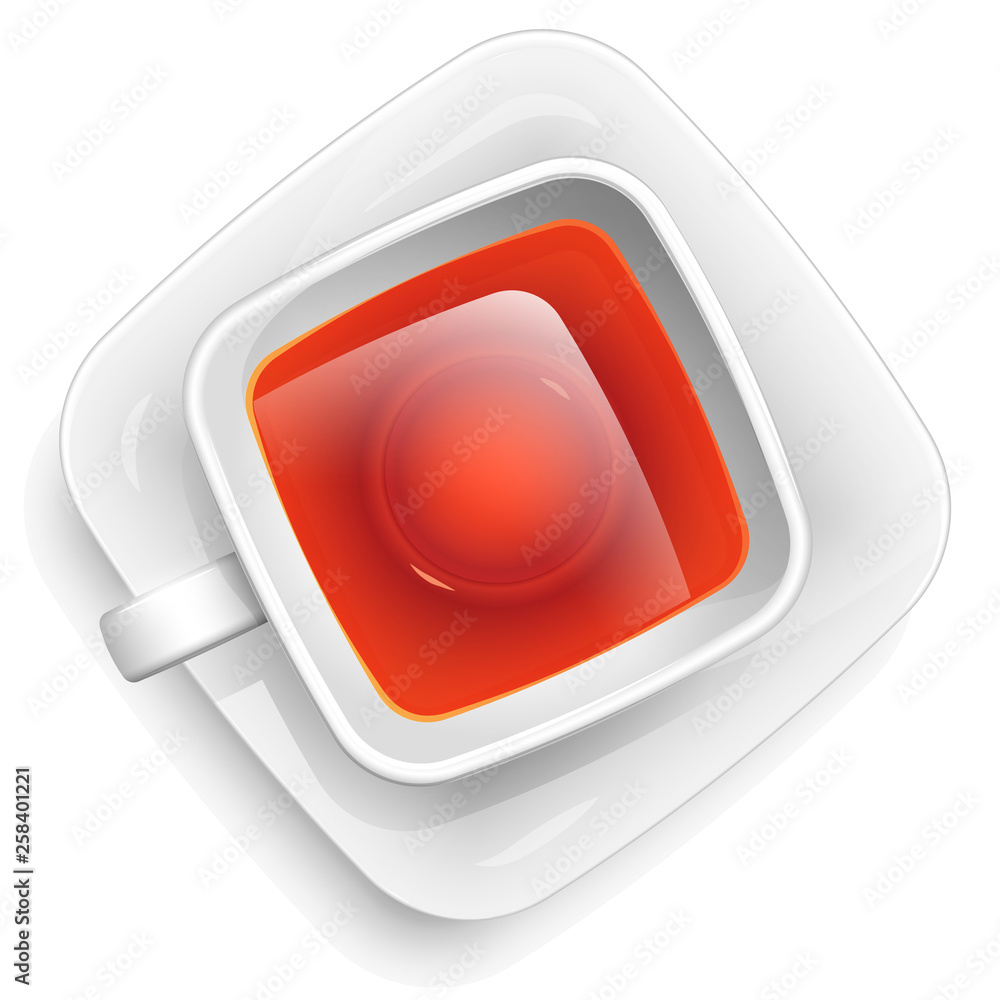 Square cup with black tea on a saucer. View from above. Hot morning drink. Square cup with black tea on a saucer. View from above. Hot morning drink.