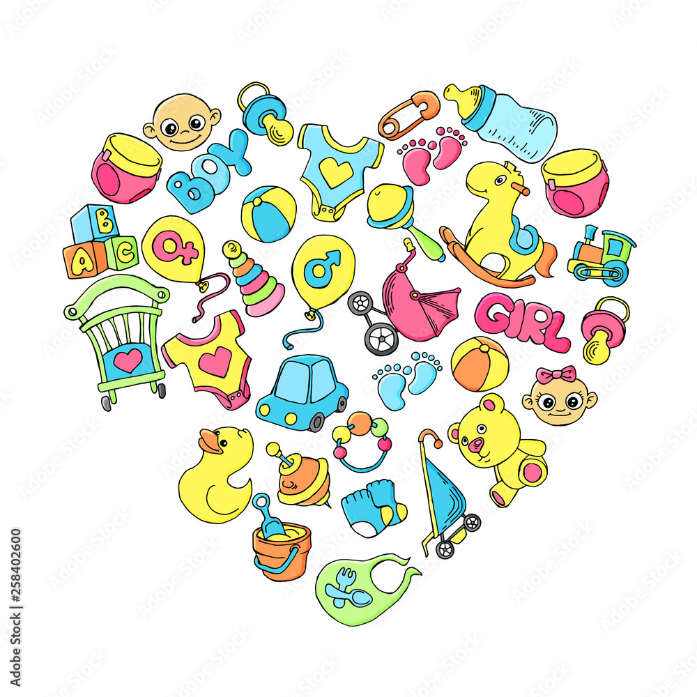 Newborn infant themed cute doodle set. Baby care, feeding, clothing, toys, health care stuff, safety, accessories. Vector drawings isolated