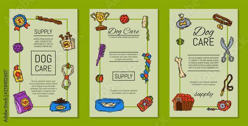 Pet care supply funny colorful card petsshop advertising bookmark with dog kennel vector illustration. Animal accessory clinic canine carrier poster. Puppy protection tools.