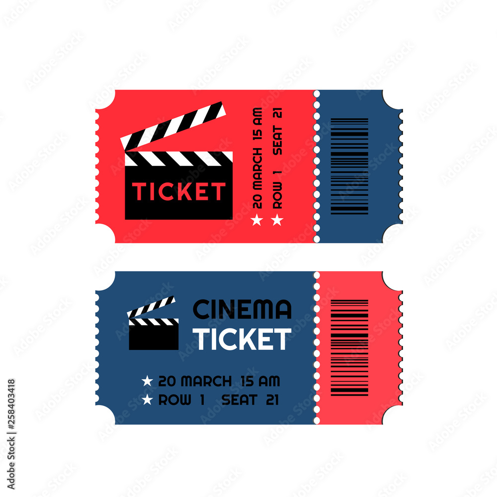 Naklejka premium Two red-blue entry pass tickets stub for cinema