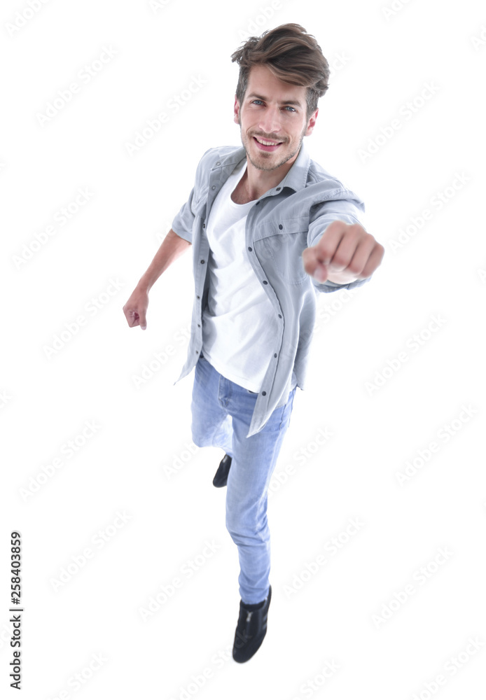 Handsome man jumping with vigor on white background Handsome man jumping with vigor on white background