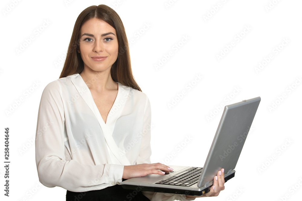 Portrait of young business woman with laptop posing on white background Portrait of young business woman with laptop posing on white background