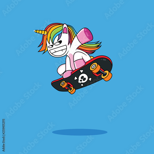 Funny Unicorn Cartoon and Skateboard