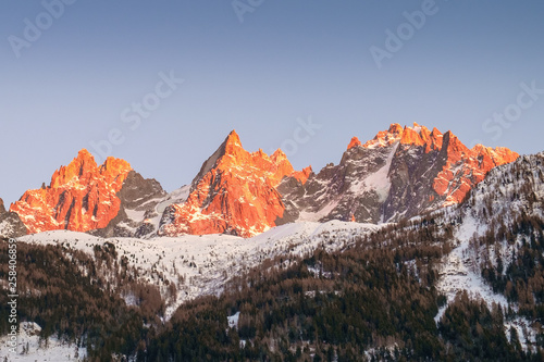 The dramatic mouintain peaks of the Mont Blanc Massif at sunset, Chamonix, France