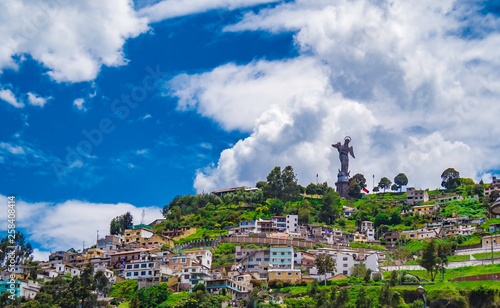 Obraz na płótnie Beautiful view of Virgen del Panecillo statue on top of a hill in the historical center of Quito Ecuador w salonie