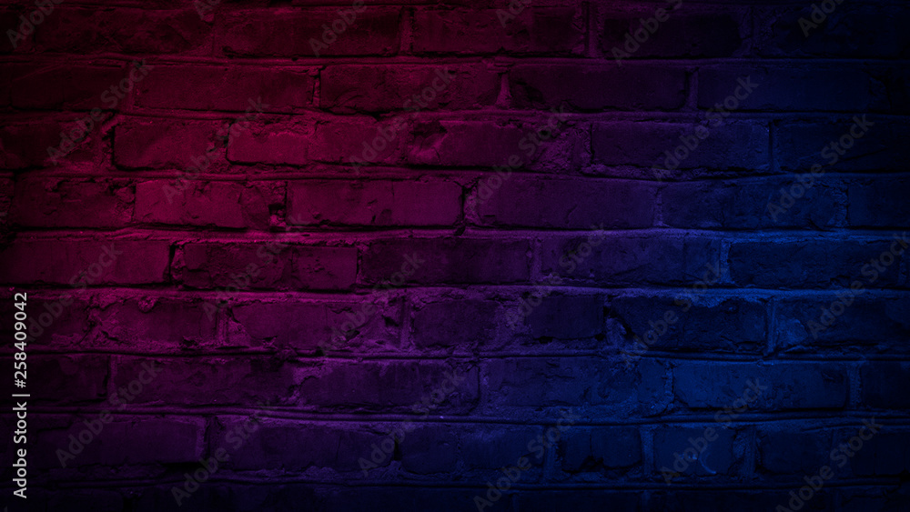 Brick wall, background. Neon red and blue light. Stock Photo | Adobe Stock