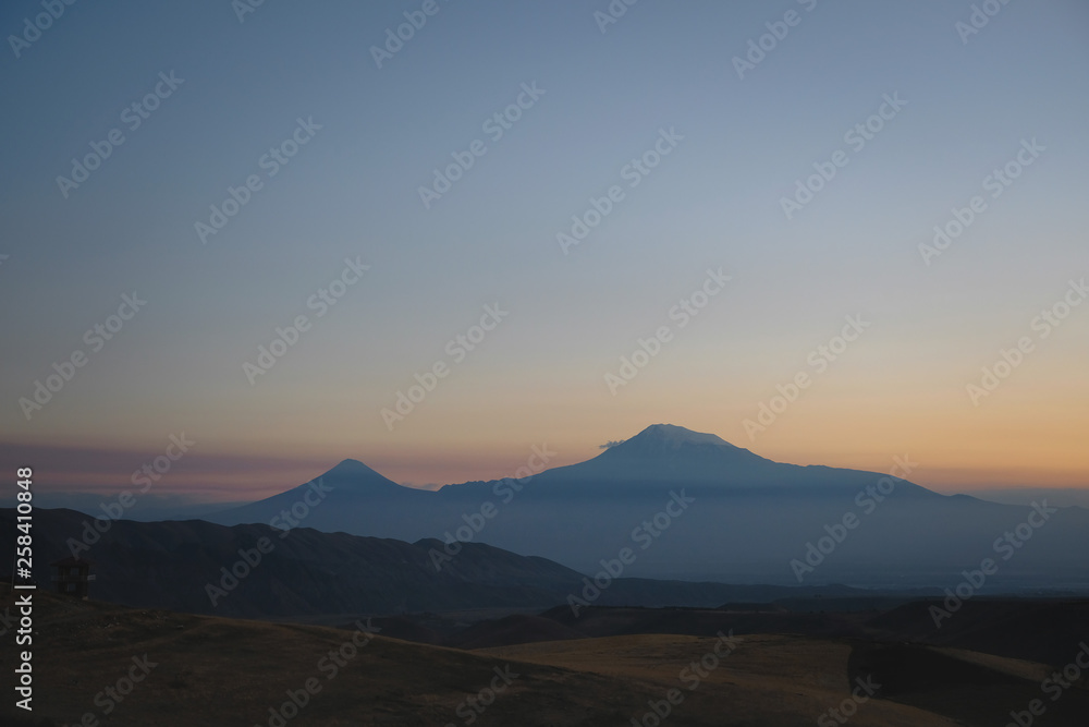view of mount Ararat at sunset, the mountain on the border of Turkey and Armenia.