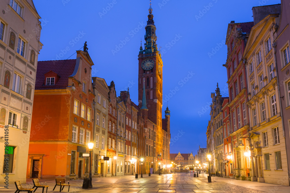Architecture of the old town in Gdansk at dawn, Poland