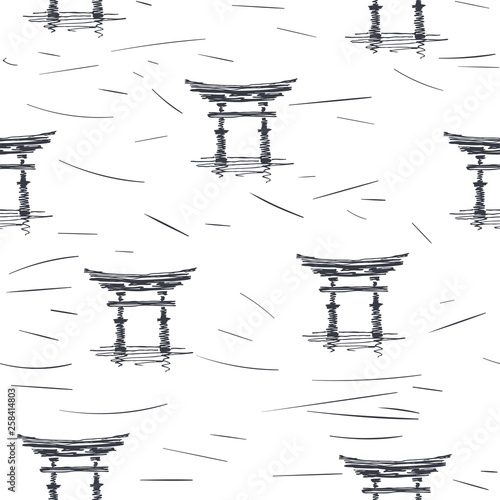 Vector seamless pattern with pagoda in sketch style. Hand drawn texture with symbol of eastern architecture isolated on white