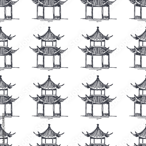 Fototapeta Naklejka Na Ścianę i Meble -  Vector seamless pattern with pagoda in sketch style. Hand drawn texture with symbol of eastern architecture isolated on white