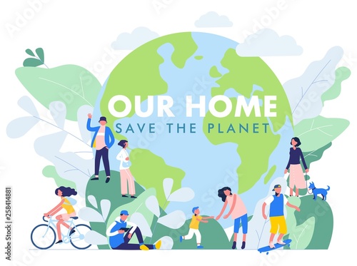 Save the Planet concept with modern multicultural society. Group of different people in community standing together in front of world. Day of the Earth. Environment protection and ecology.