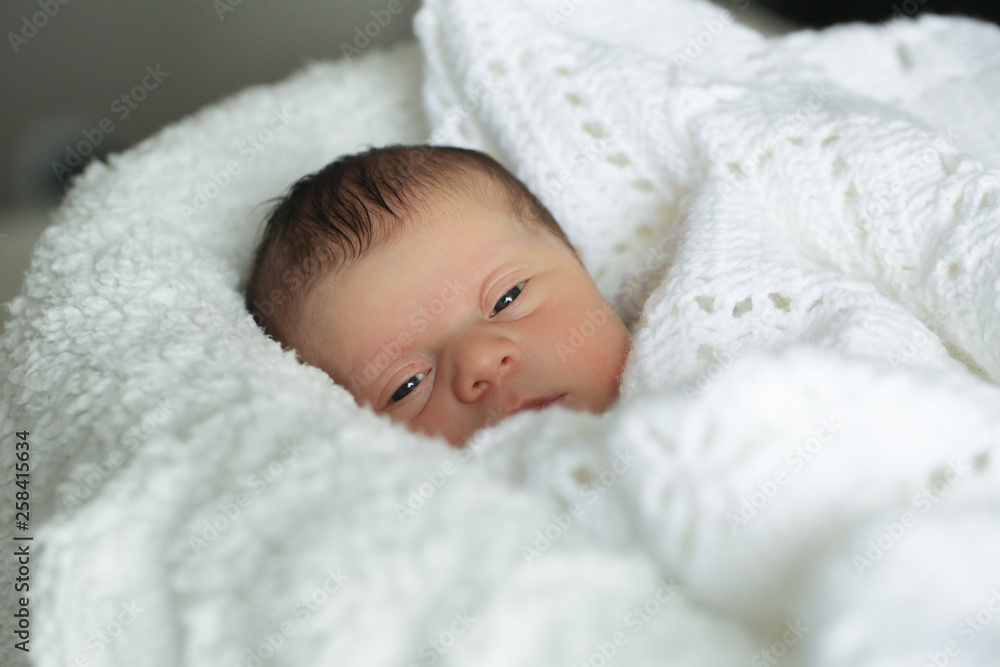 Newborn Cute Baby Girl, Infant, Sleeping on the white bed, New family concept, The most Beautiful Baby Princesse Newborn Cute Baby Girl, Infant, Sleeping on the white bed, New family concept, The most Beautiful Baby Princesse