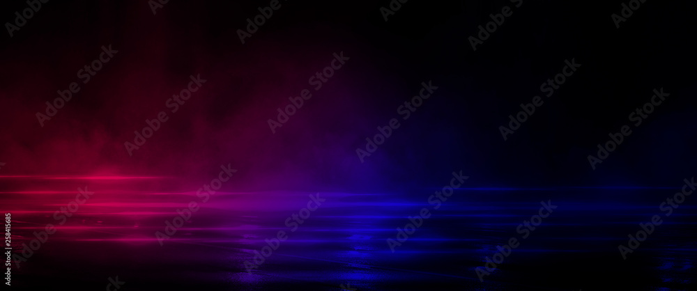 Wet asphalt, reflection of neon lights, a searchlight, smoke. Smoke, smog. Dark background scene of empty street, night view, night city. Neon red and blue light. Wet asphalt, reflection of neon lights, a searchlight, smoke. Smoke, smog. Dark background scene of empty street, night view, night city. Neon red and blue light.