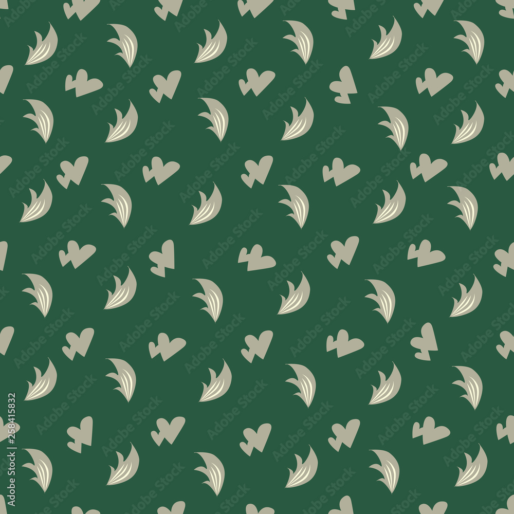 Vector seamless pattern with abstract leaves and hearts. Green background. Vector seamless pattern with abstract leaves and hearts. Green background.