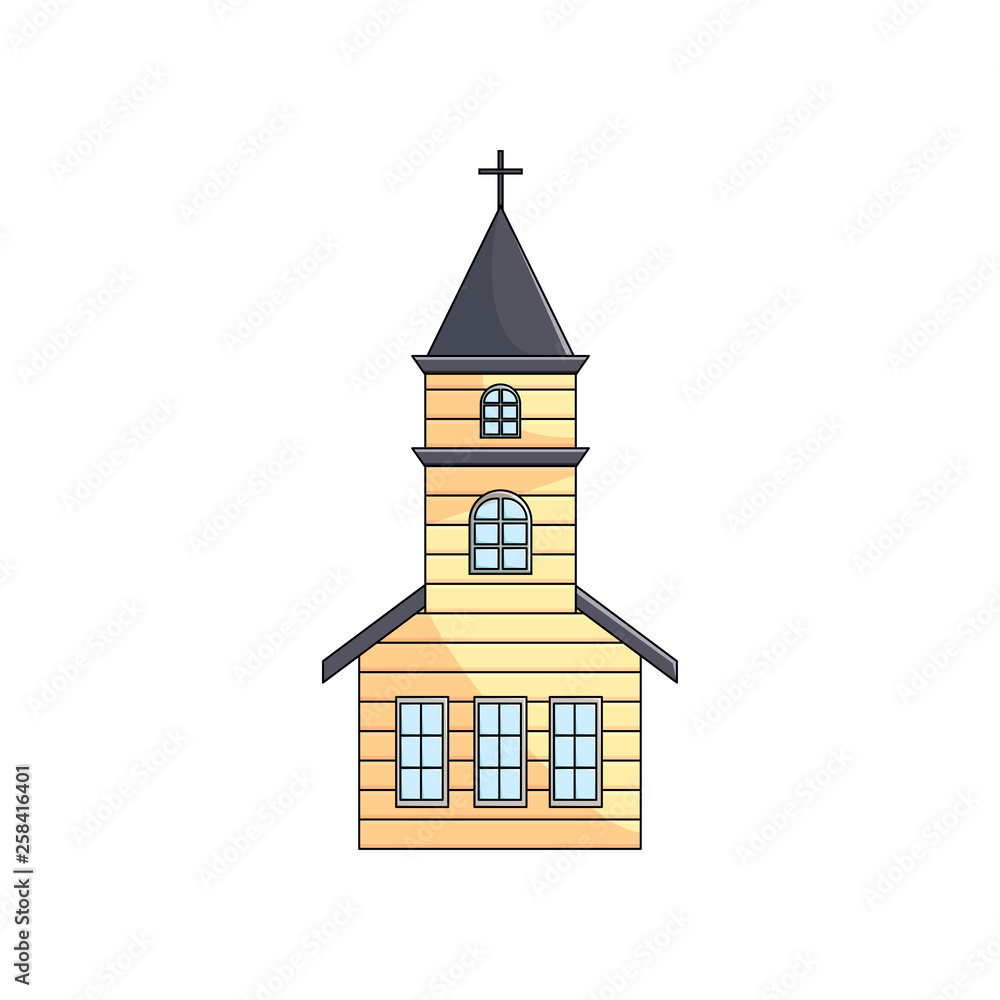 Wooden church with spire cross on roof over empty background