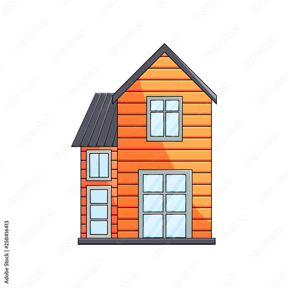 Front view of wooden eco house exterior rural architecture on empty background Front view of wooden eco house exterior rural architecture on empty background