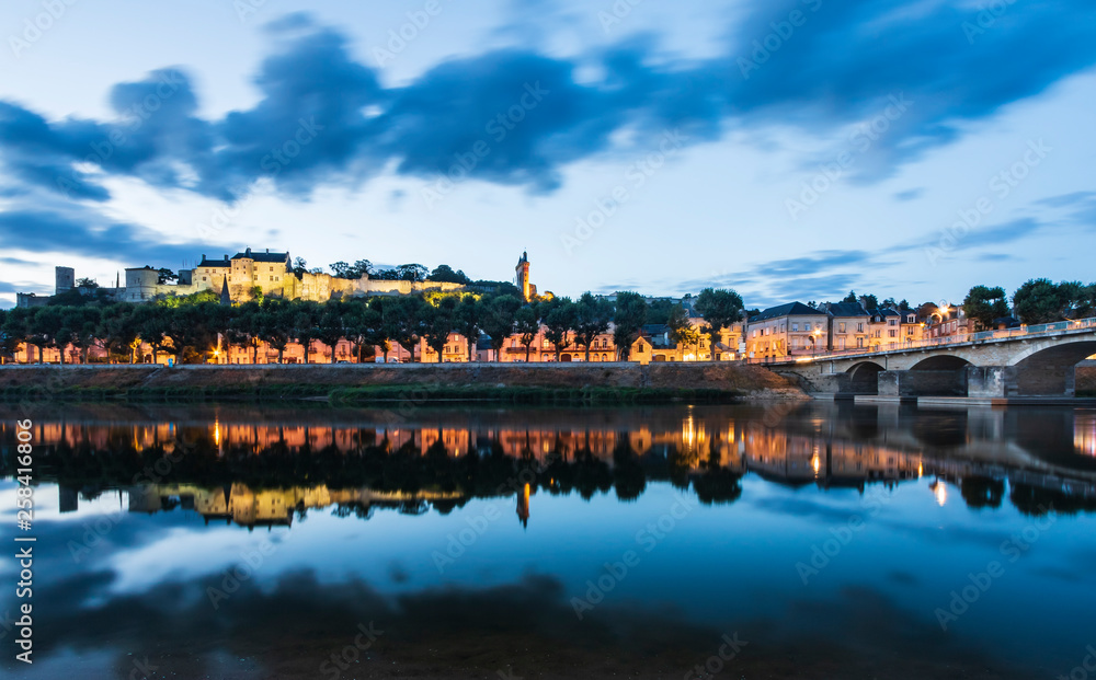Naklejka premium Chinon town France during the blue hour