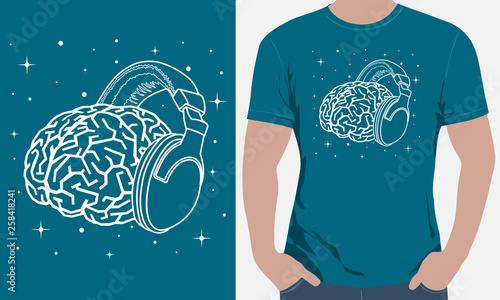 Vector. T-shirt print. The human brain in outer space soars among the stars in the vacuum and listens to music on headphones. Layers good separated.