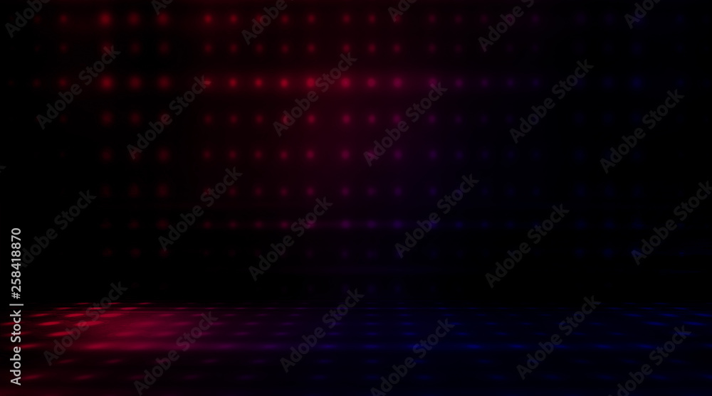 Background wall with neon lines and rays. Background dark corridor with neon light. Abstract background with lines and glow. Wet asphalt, neon smoke.