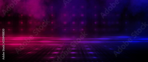 Background wall with neon lines and rays. Background dark corridor with neon light. Abstract background with lines and glow. Wet asphalt  neon smoke.