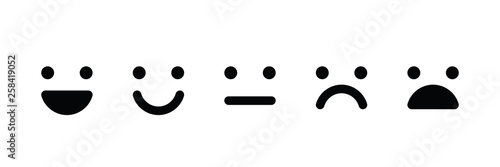Basic emoticons set. Five facial expression of feedback - from positive to negative. Simple black vector icons