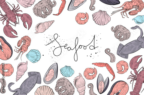 Different seafood products, vector engraving style