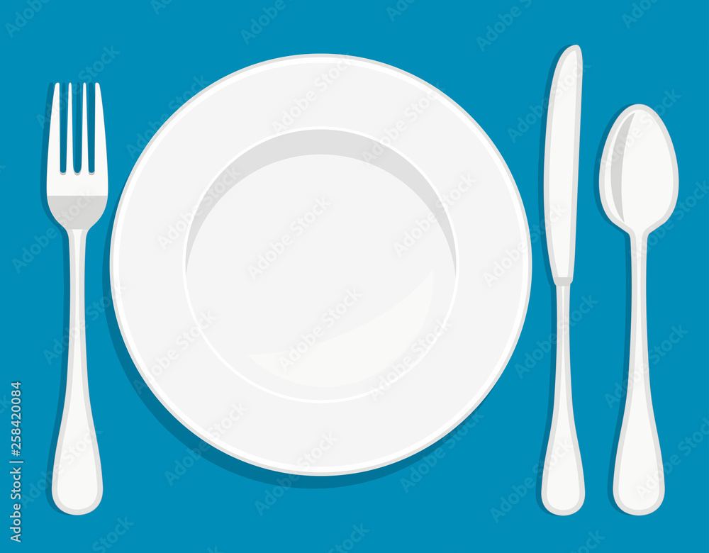White empty porcelain plate with spoon, knife and fork. Vector illustration in flat style. White empty porcelain plate with spoon, knife and fork. Vector illustration in flat style.