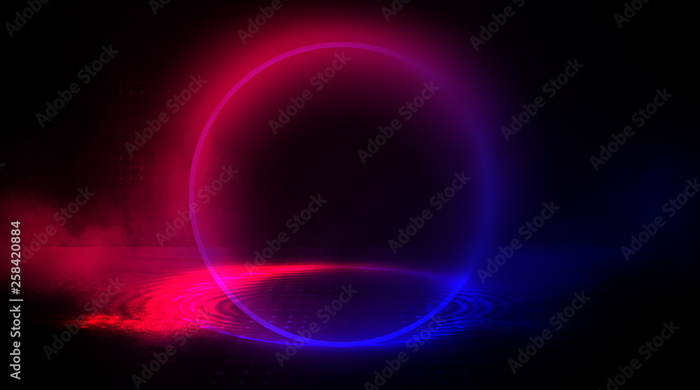 Obraz premium Empty Dark Futuristic Sci Fi Big Hall Room With Lights And Circle Shaped Neon Light. Dark neon background, empty stage, abstract dark background. Neon circle, reflection