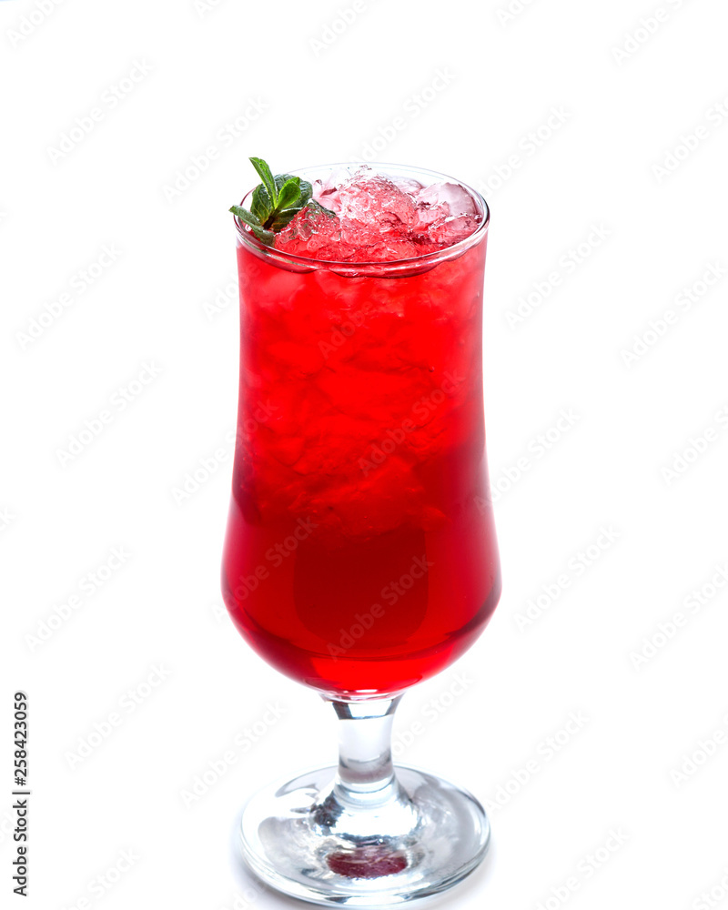 Red cocktail with ice in a tall glass decorated with mint on an isolated white background Red cocktail with ice in a tall glass decorated with mint on an isolated white background