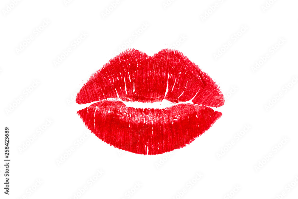 Red lipstick mark beautiful big lips kiss isolated on a white