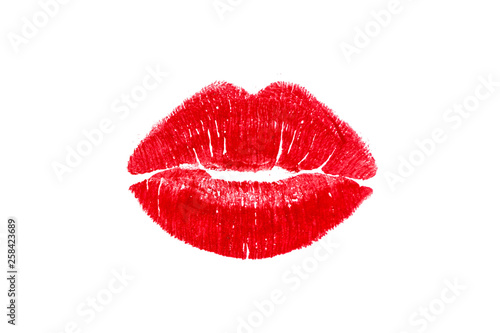 Red lipstick mark beautiful big lips kiss isolated on a white background