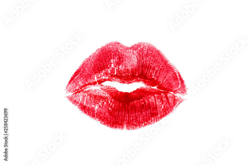 Red lipstick mark beautiful big lips kiss isolated on a white background