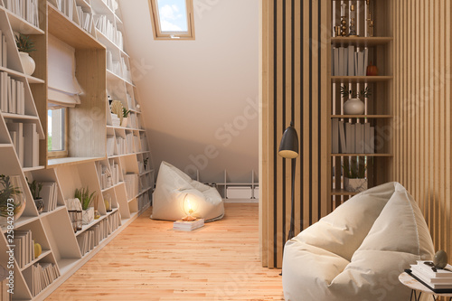 3d illustration interior design ilving room of the attic floor of a private cottage photo