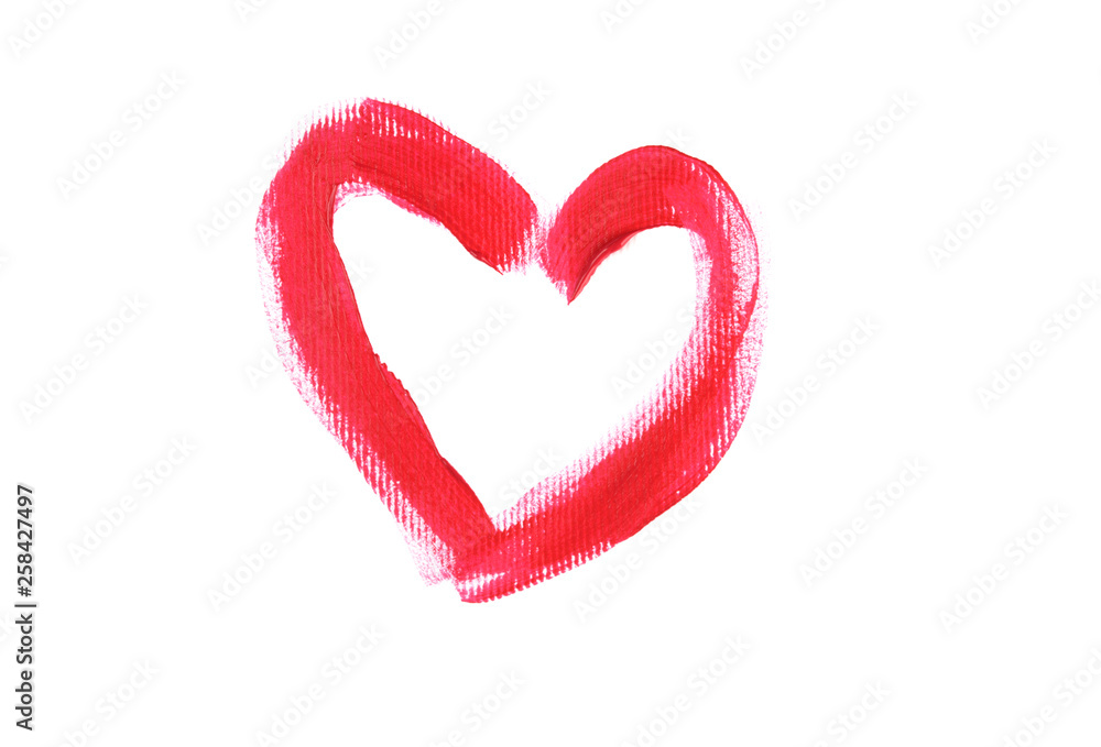 Closup of red heart painted with a brush isolated on white background for Valentineas day