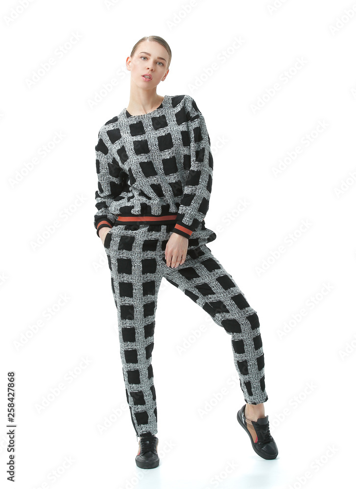 young woman in stylish pajamas.isolated on white