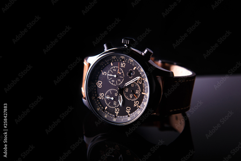 watch expedition arrow with brown leather strap - obrazy, fototapety, plakaty 