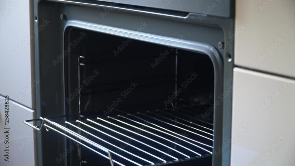 Woman cooked meat out of the hot oven. Food preparation with electric convection oven Woman cooked meat out of the hot oven. Food preparation with electric convection oven